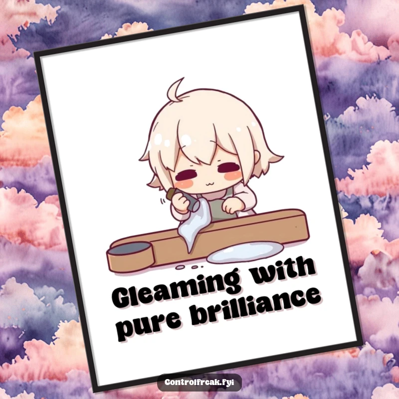 Funny Free Printable Wall Art of a character meticulously polishing a common object to an impossible, dazzling shine, ready to display.