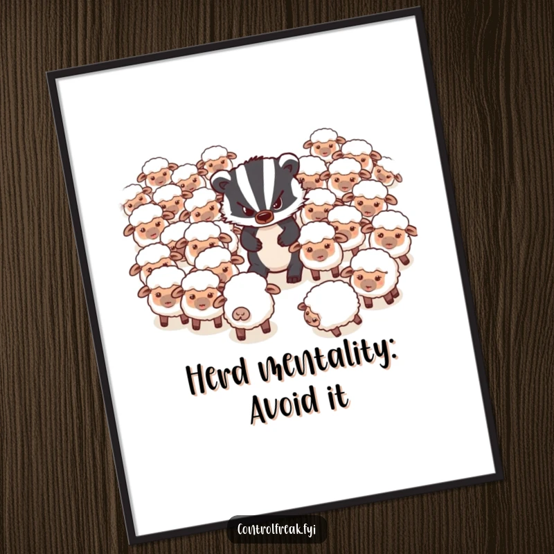 Funny Free Printable Wall Art: A grumpy badger attempts to herd a flock of disorganized sheep, bringing relatable, humorous chaos to your decor.