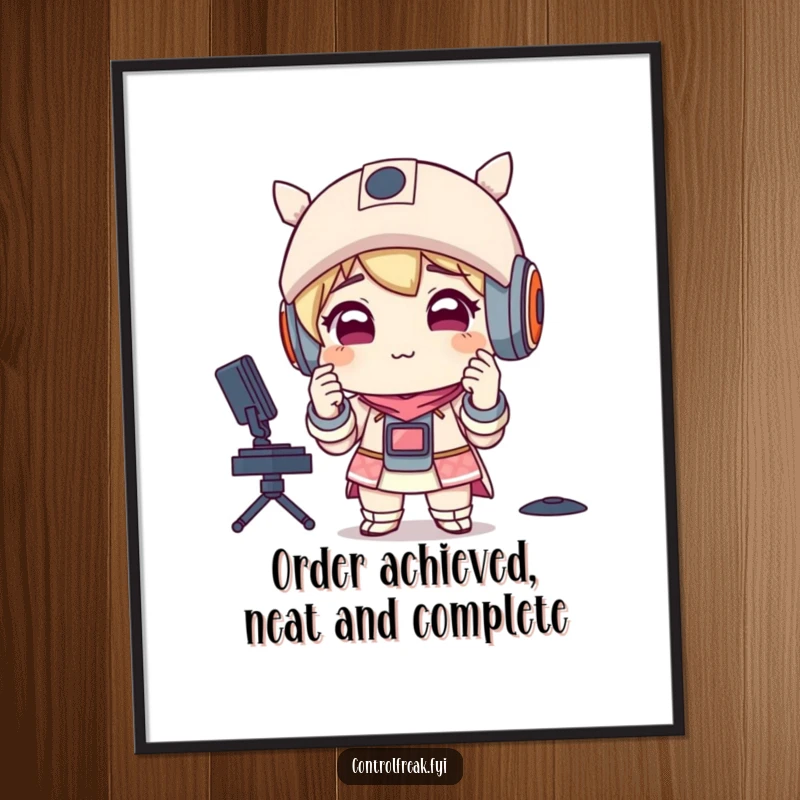 Funny Free Printable Wall Art: Character with satisfied smirk adjusts perfectly aligned items. Organized downloadable art poster.