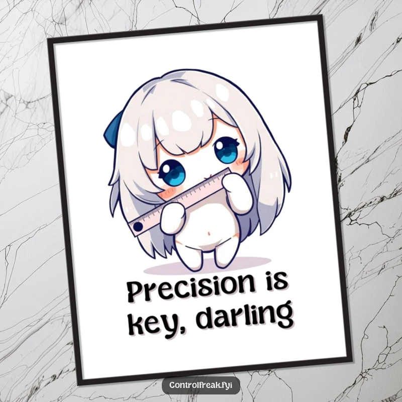 Funny Free Printable Wall Art: A character precisely measures an edge using a tiny ruler, showcasing meticulous attention to detail.