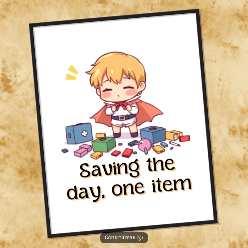 Funny Free Printable Wall Art: A character in a tiny cape comically trying to organize scattered items with exaggerated effort, like a superhero.
