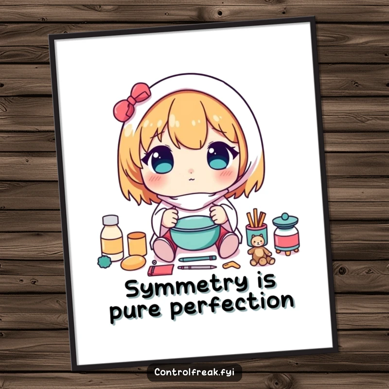 Funny Free Printable Wall Art: Kawaii character carefully arranging items in a perfectly symmetrical pattern, downloadable art for symmetry lovers.