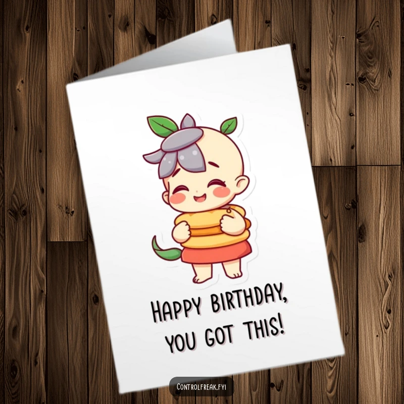 Funny Free Printable Birthday Card: A character proudly displays a perfectly balanced stack, looking pleased with their accomplishment.