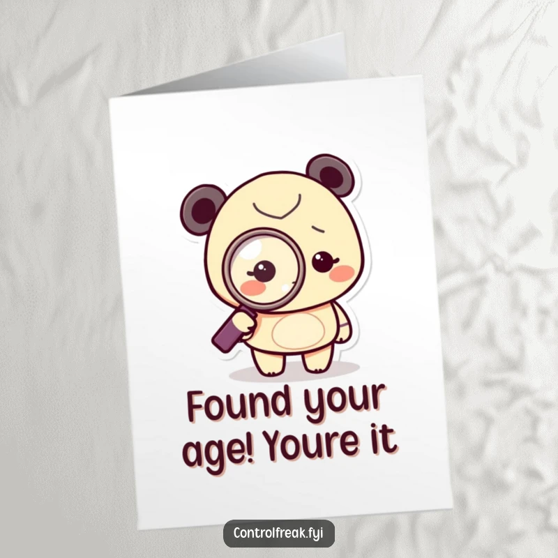 Funny Free Printable Birthday Card: Tiny character with a magnifying glass obsessively pointing at a dot, a humorous gift.