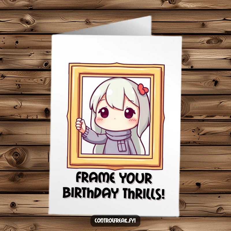 Funny Free Printable Birthday Card: Character intently straightens a picture frame, a portrait of precise birthday wishes.