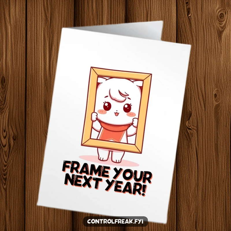 Funny Free Printable Birthday Card showing a Kawaii character playfully straightening a crooked picture frame, celebrating a fun birthday.