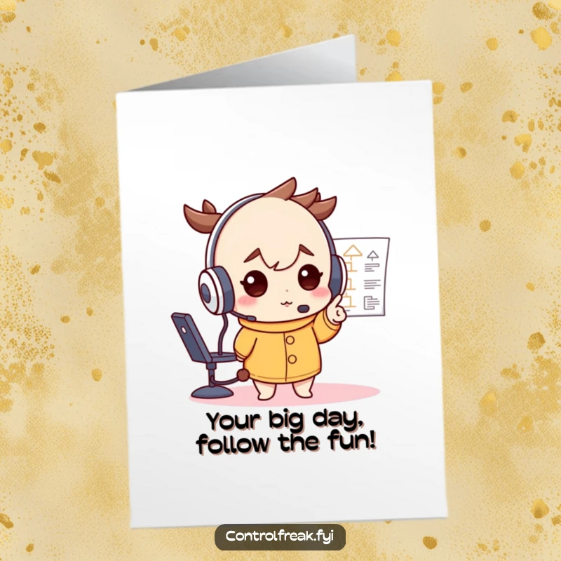 Funny Free Printable Birthday Card: A character in a huge headset pointing firmly at a complex flowchart.