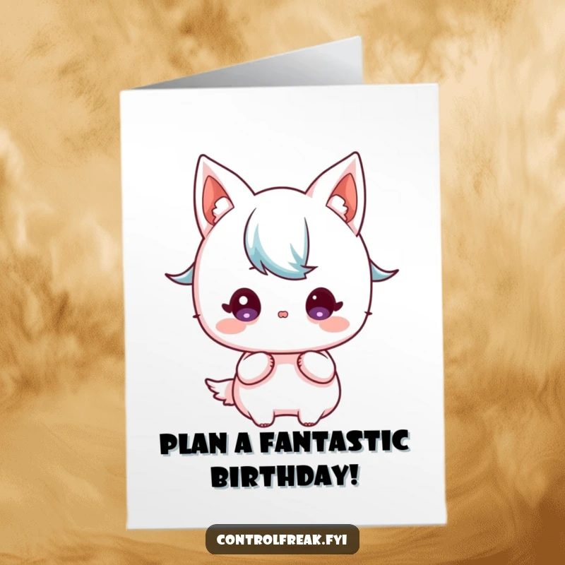 Funny Free Printable Birthday Card: Kawaii character studies blueprint, planning a fantastic birthday with intense focus.