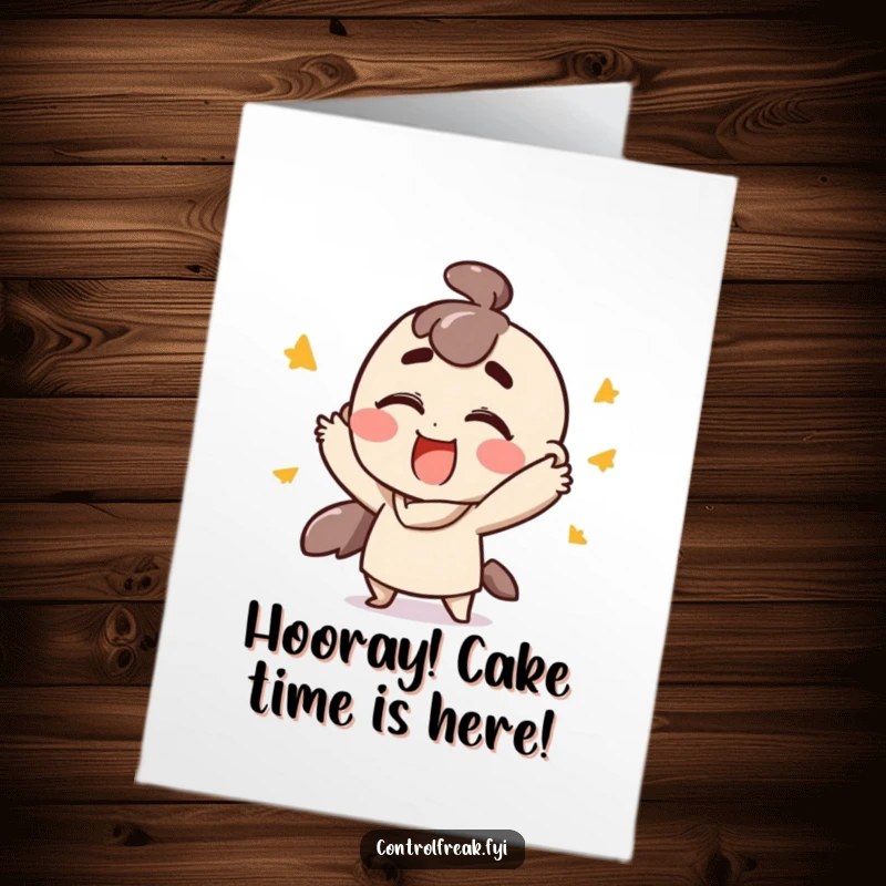 Funny Free Printable Birthday Card showing a character performing fast, ordered gestures with extreme satisfaction, ideal for gifting.