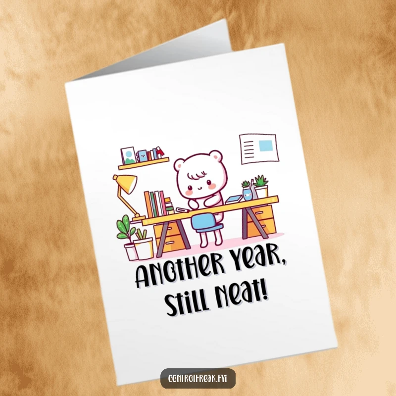 Funny Free Printable Birthday Card showing a Kawaii character meticulously organizing an already spotless desk with extreme focus.