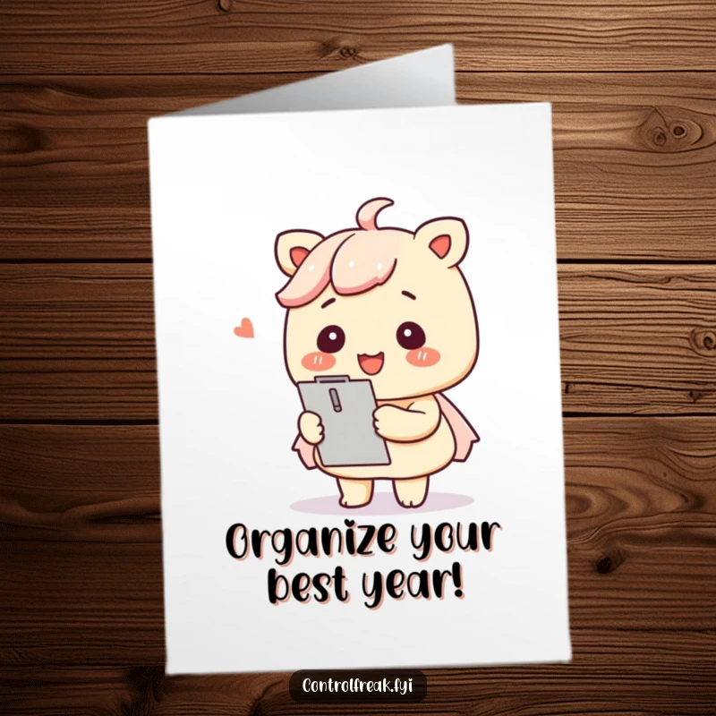 Funny Free Printable Birthday Card: A Kawaii character with a clipboard organizing items with a smile, perfect for DIY gifts.