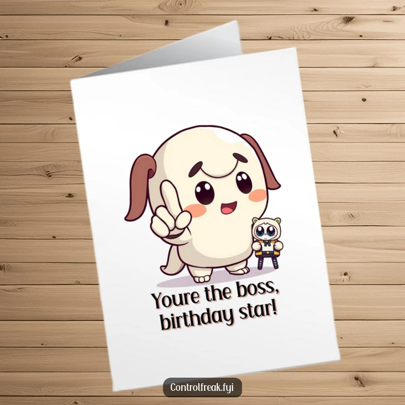 Funny Free Printable Birthday Card: Cartoon character dramatically commands a tiny toy, ready to party. Hilarious downloadable art.