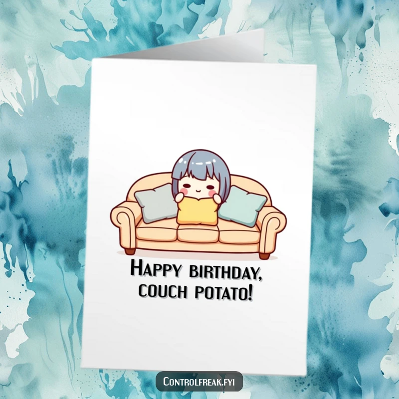 Funny Free Printable Birthday Card featuring a cute character meticulously aligning pillows on a sofa with a determined expression.