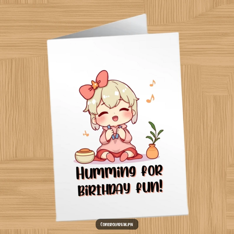 Funny free printable birthday card. A character hums contentedly while happily tidying up, celebrating your special day.