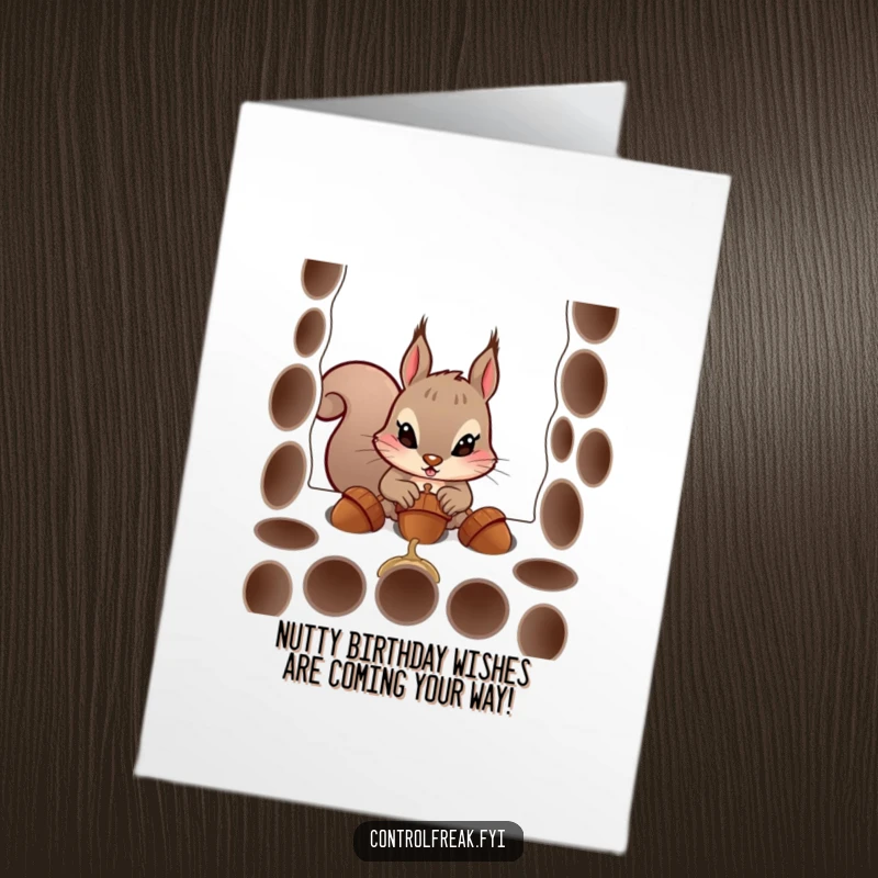 Funny Free Printable Birthday Card: Squirrel trying to stuff acorns into perfect holes with hilarious determination