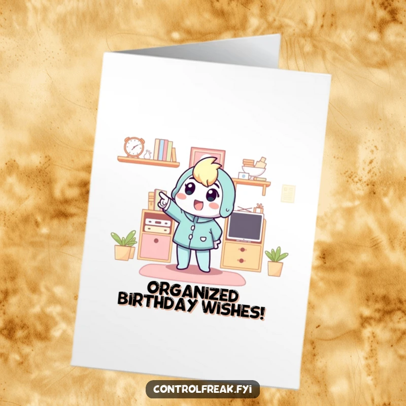 Funny Free Printable Birthday Card: Character excitedly points to a perfectly organized space, celebrating a birthday milestone with glee.
