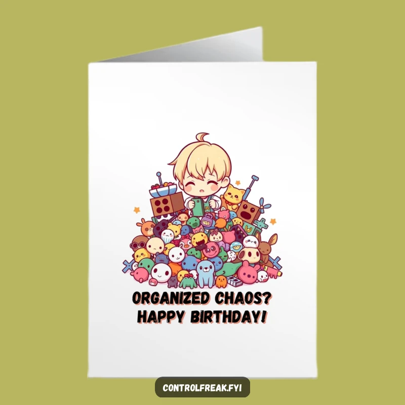 Free Printable Birthday Card: Tidy Toy Character, Funny Downloadable Gift for Neat Freaks