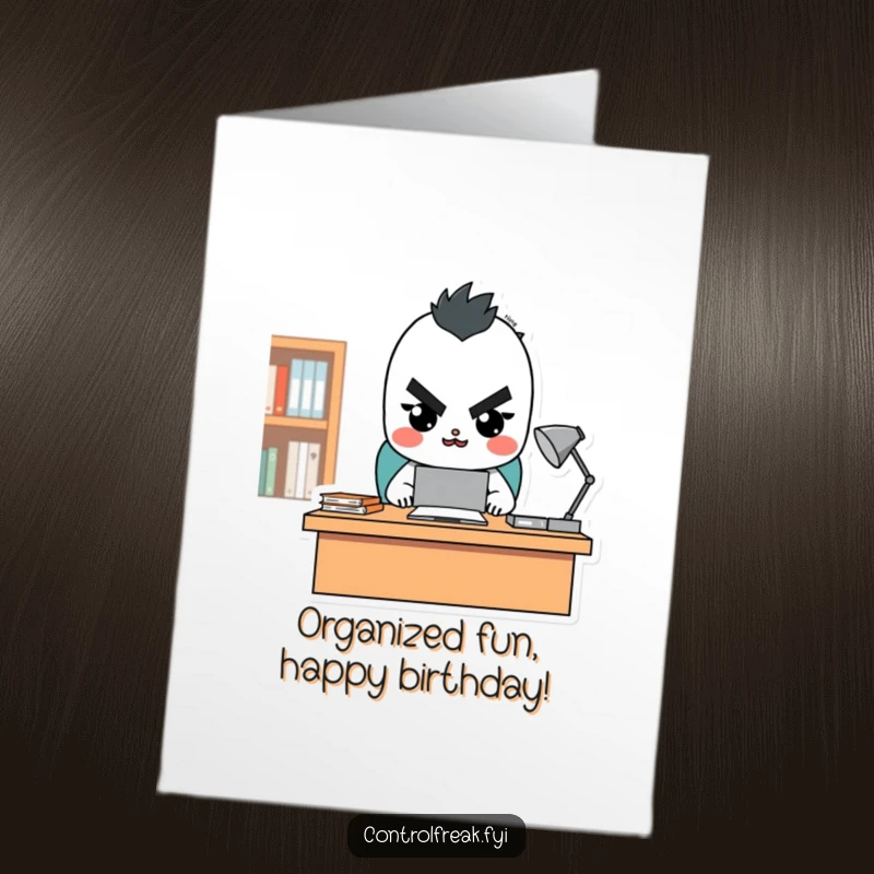 Funny Free Printable Birthday Card: A character with a stern yet happy face oversees a perfectly tidy desk, celebrating order.