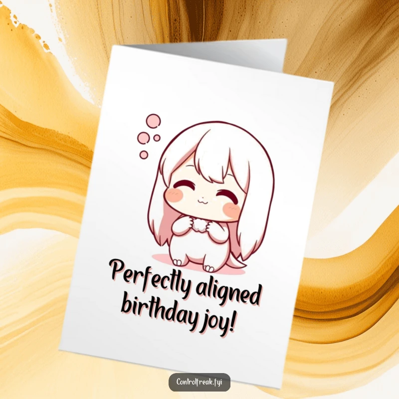 Funny Free Printable Birthday Card: Character sighs happily admiring a perfectly aligned arrangement, radiating birthday contentment.