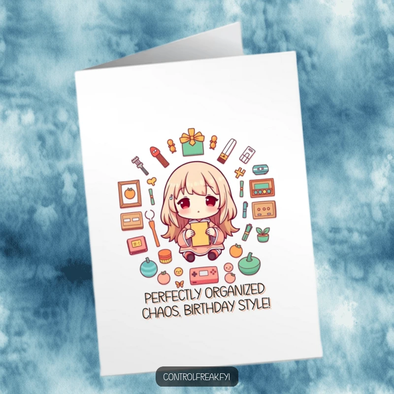 Funny Free Printable Birthday Card featuring a quirky character meticulously arranging colorful objects symmetrically.
