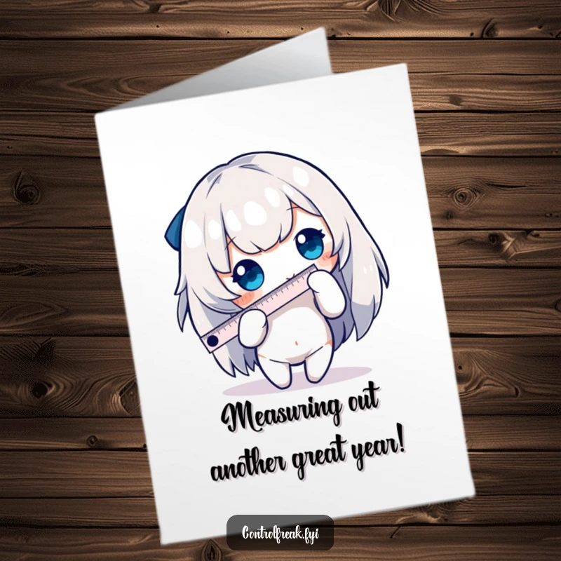 Funny Free Printable Birthday Card: A character meticulously measures an edge with a comically tiny ruler, ensuring perfection.