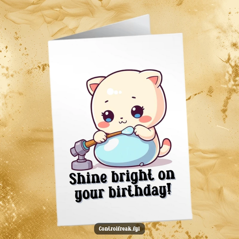 Funny Free Printable Birthday Card: A Kawaii character meticulously polishing a shiny object, perfect for DIY gifts.