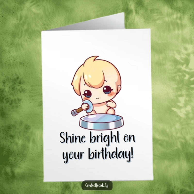 Funny Free Printable Birthday Card: Kawaii character polishes an object to a brilliant sheen, celebrating your special day.