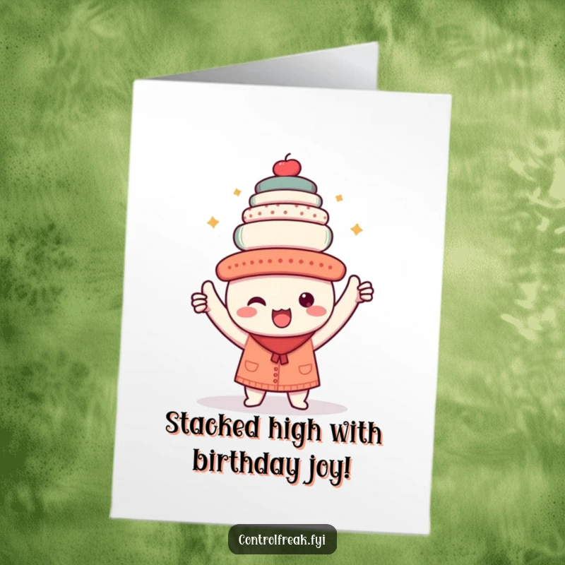Funny Free Printable Birthday Card: Triumphant kawaii character holding a perfectly aligned stack, celebrating the birthday.