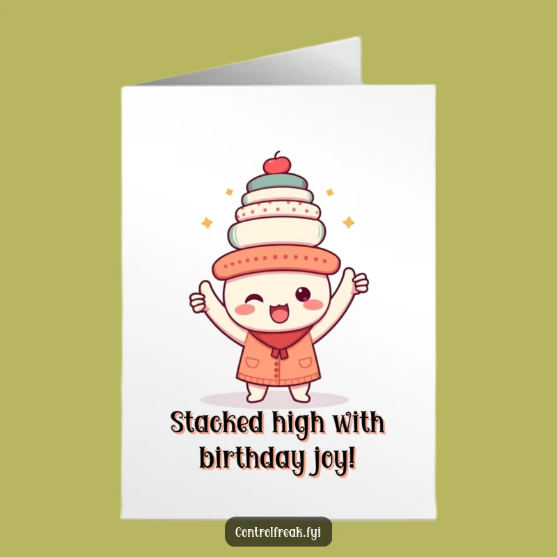 Free Printable Birthday Card: Triumphant Kawaii Character Organized Stack Funny Gift