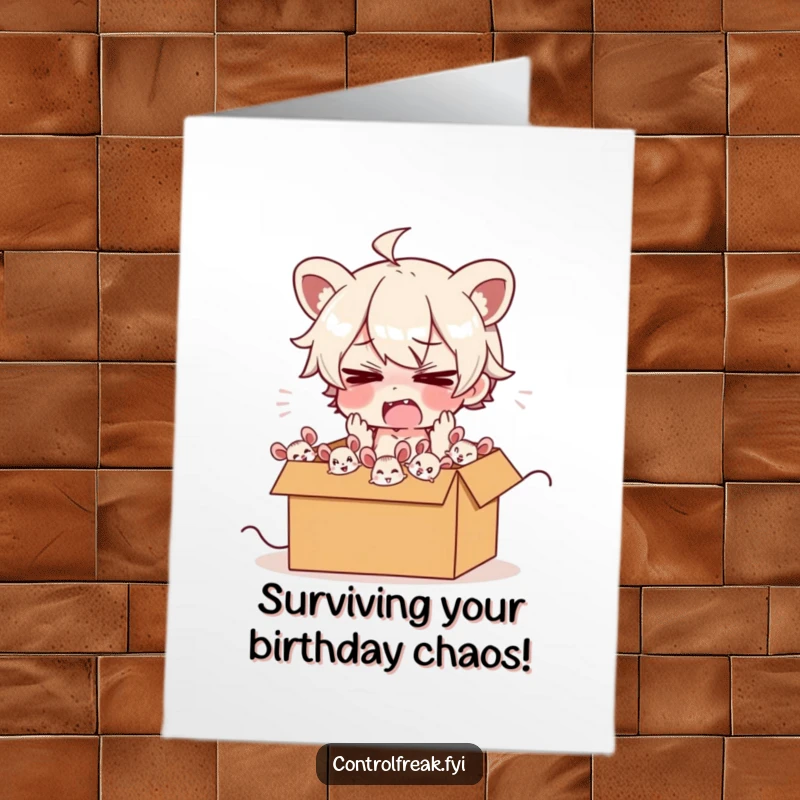 Funny Free Printable Birthday Card: A frazzled character chasing energetic mice into a box.