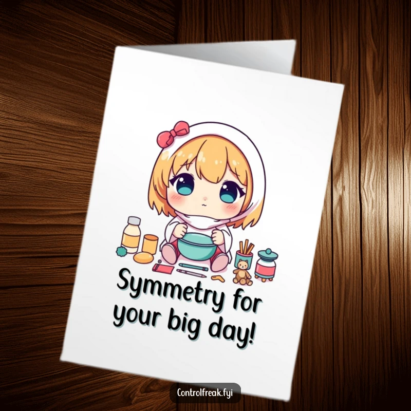 Funny Free Printable Birthday Card: Kawaii character carefully arranging items in a perfectly symmetrical pattern, celebrating the birthday.