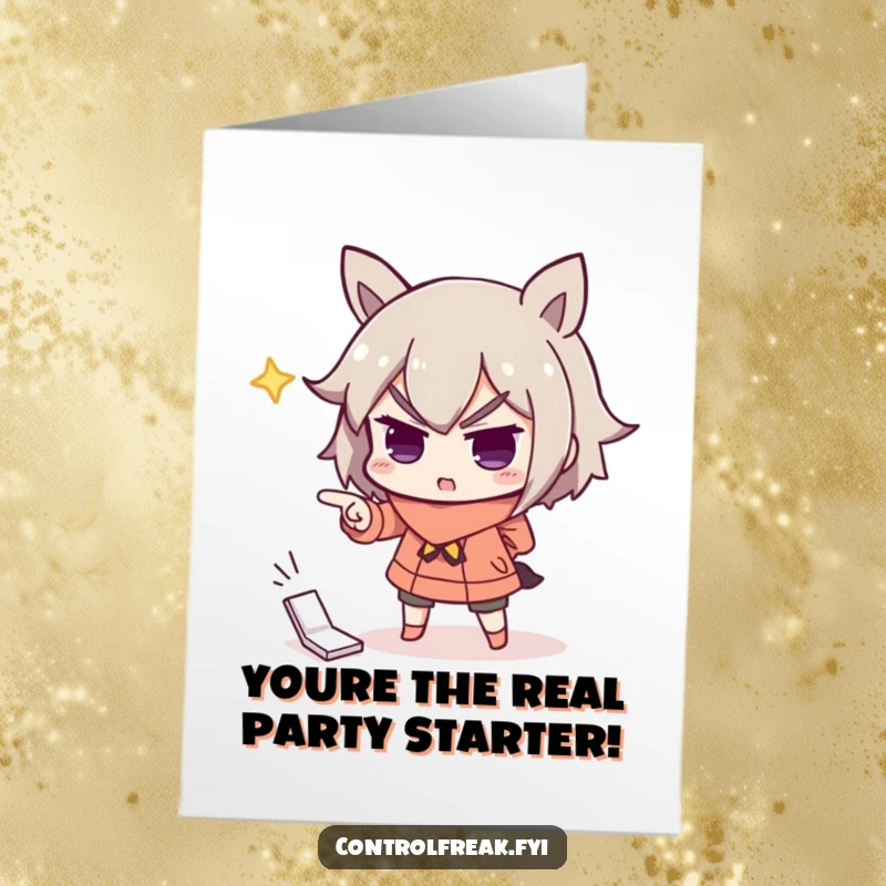 Funny Free Printable Birthday Card: Character dramatically pointing with utmost importance at a misplaced object.