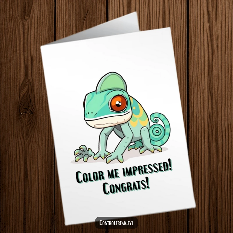 Funny Free Printable Congratulations Card: a chameleon precisely blending its colors to match a specific, intricate pattern.