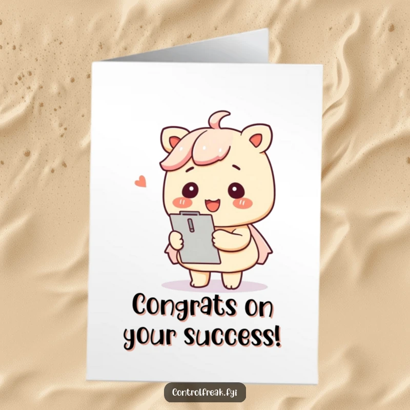 Funny Free Printable Congrats Card: A Kawaii character with a clipboard organizing items with a smile, great for DIY gifts.