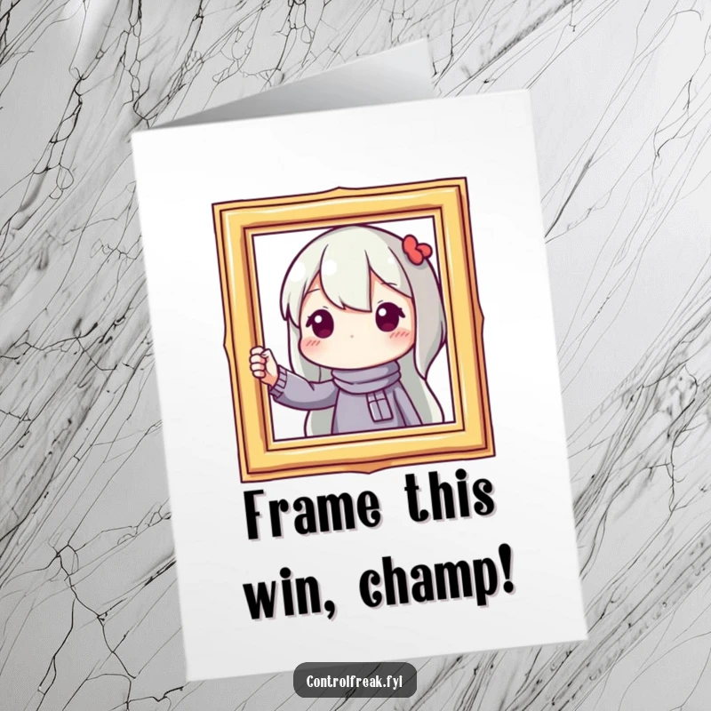 Funny Free Printable Congrats Card: Character meticulously straightens a crooked frame, celebrating perfectly aligned success.
