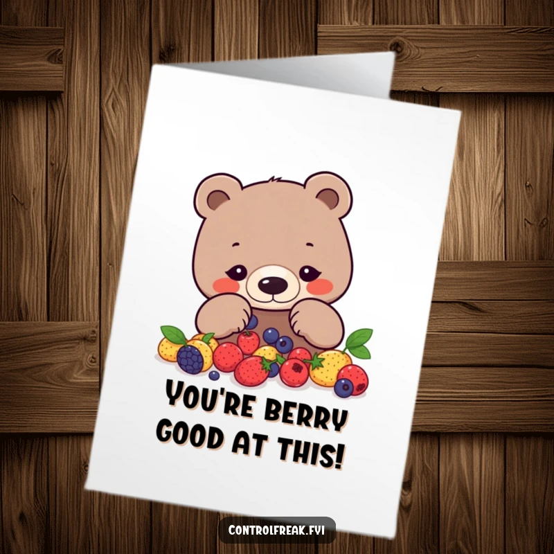 Funny Free Printable Congratulations Card: A focused bear meticulously arranges berries into a precise geometric pattern. Congratulations, perfectionist!