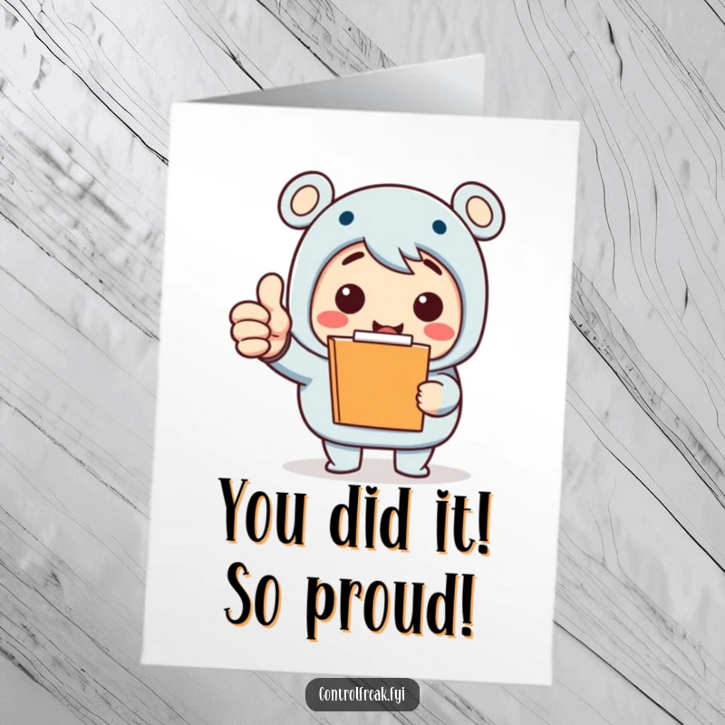 Funny Free Printable Congratulations Card: Clipboard character beaming with a huge thumbs up for a job well done.