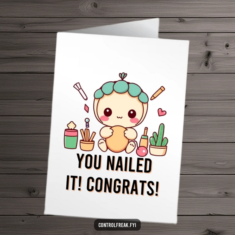 Funny Free Printable Congrats Card: Neat Kawaii character arranging items in a perfectly straight, satisfying line to celebrate.