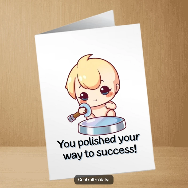 Funny Free Printable Congrats Card: Kawaii character meticulously polishes an object to a brilliant sheen, celebrating your success.