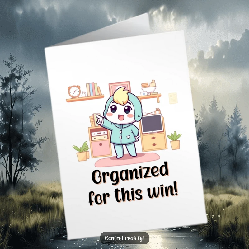 Funny Free Printable Congrats Card: Character excitedly points to a newly organized space, celebrating perfectly achieved order.