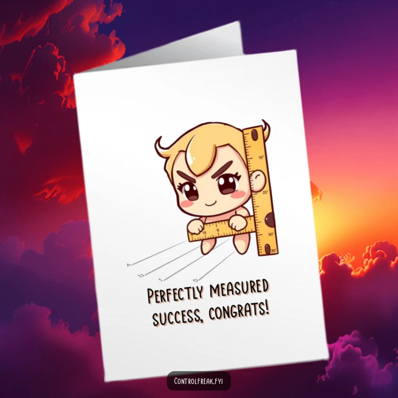 Funny Free Printable Congratulations Card: Character using a ruler to measure imaginary lines with intense focus and a sly smile.
