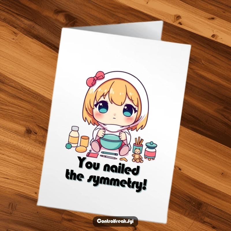 Funny Free Printable Congrats Card: Kawaii character carefully arranging items in a perfectly symmetrical pattern, celebrating success.