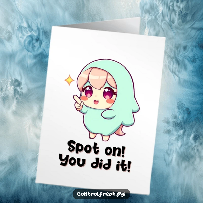 Funny free printable congratulations card. A character with a bright gleam points triumphantly to the perfect solution they found.