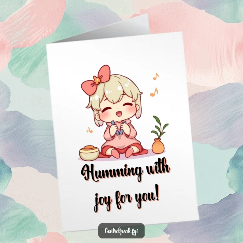 Funny free printable congratulations card. A character hums contentedly while tidying, celebrating your perfectly managed success.