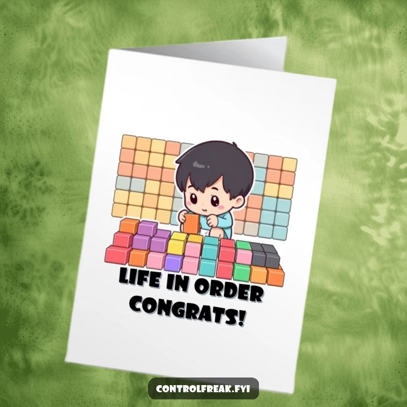 Funny Free Printable Congrats Card: Small character intently organizing colorful blocks into perfect rows, a unique gift.