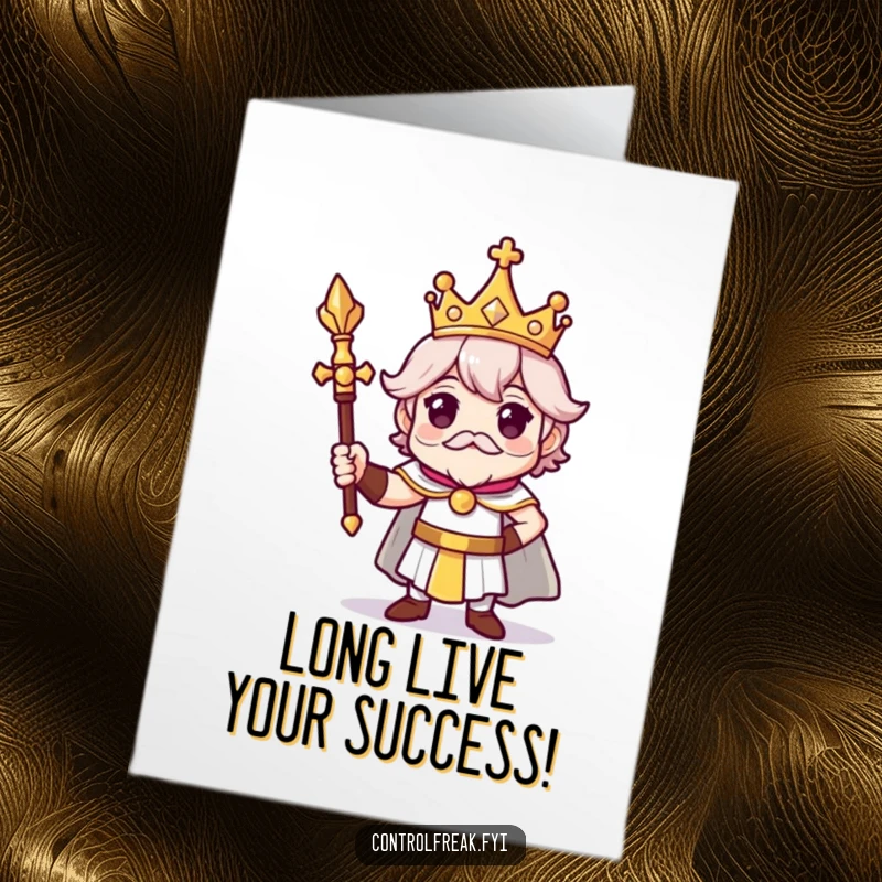 Funny Free Printable Congrats Card: Character with tiny crown and scepter poses regally, proud. Royal downloadable art.