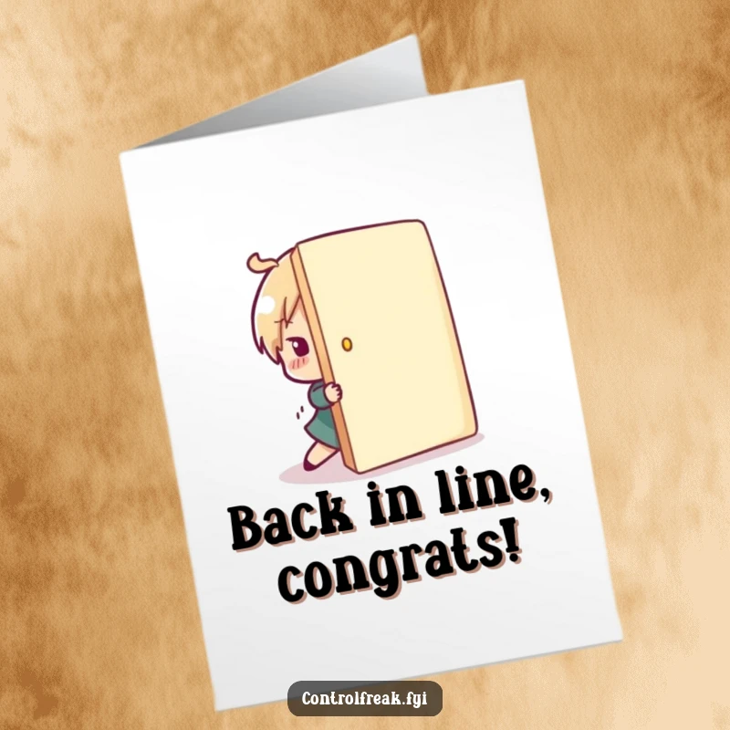 Funny Free Printable Congratulations Card: A character playfully pushes a misplaced item back into line, celebrating your well-ordered success.