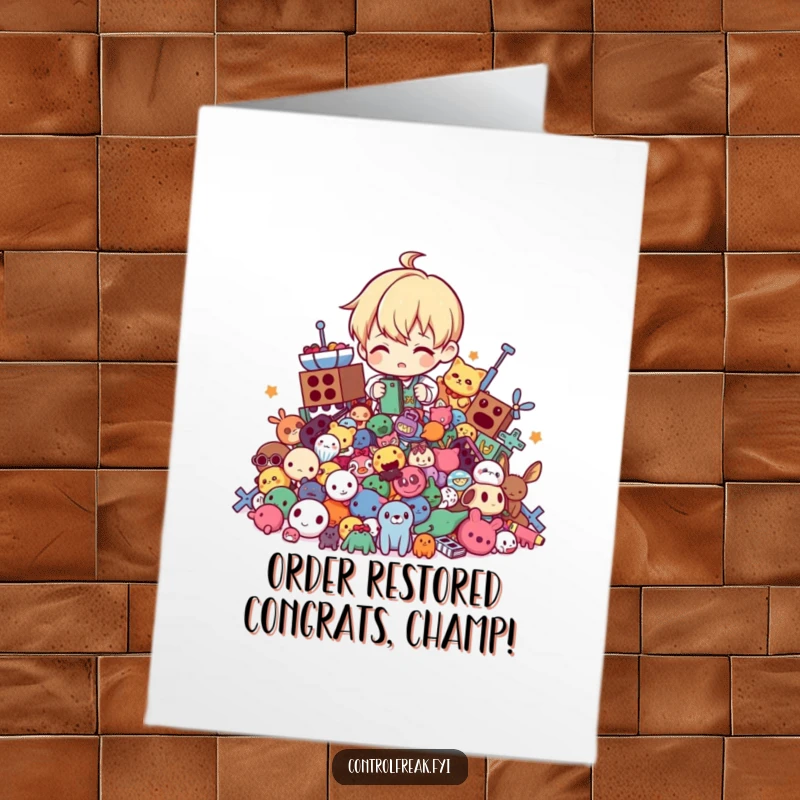 Funny Free Printable congratulations card depicting a character perfectly organizing a messy pile of toys with a proud smile.