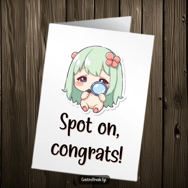 Funny Free Printable Congratulations Card showing a Kawaii character using a magnifying glass to find success, perfect for detailed achievements.
