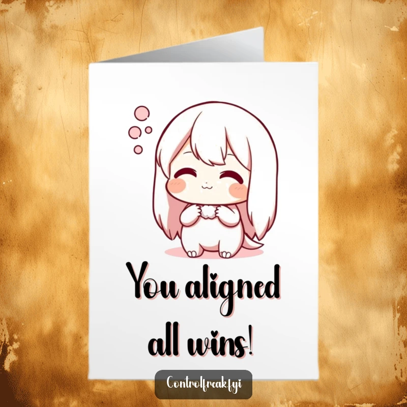 Funny Free Printable Congrats Card: Character sighs with satisfaction at a perfectly aligned arrangement, celebrating their orderly triumph.